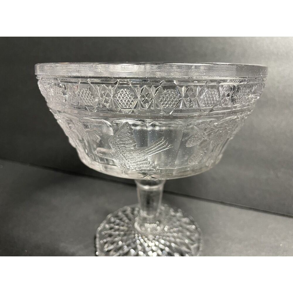 Antique mid 1910s Indiana Glass Bird and Strawberries Round Compote 6" x 6.5"